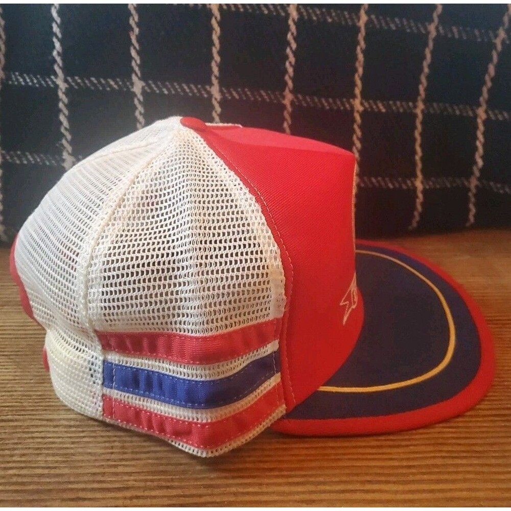 Vtg 3 Stripe Red White Blue Mesh Snapback Trucker Hat Made USA Bellefonte Bicen. - Picture 2 of 10